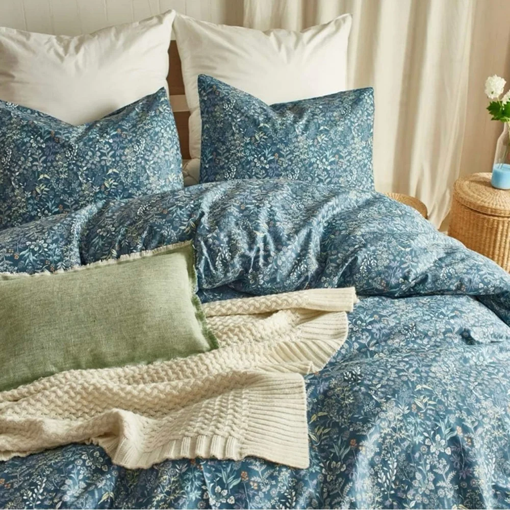 NEW Anthro Blue Floral Cotton Boho King Queen Full Size Bedding Duvet & Sham Set